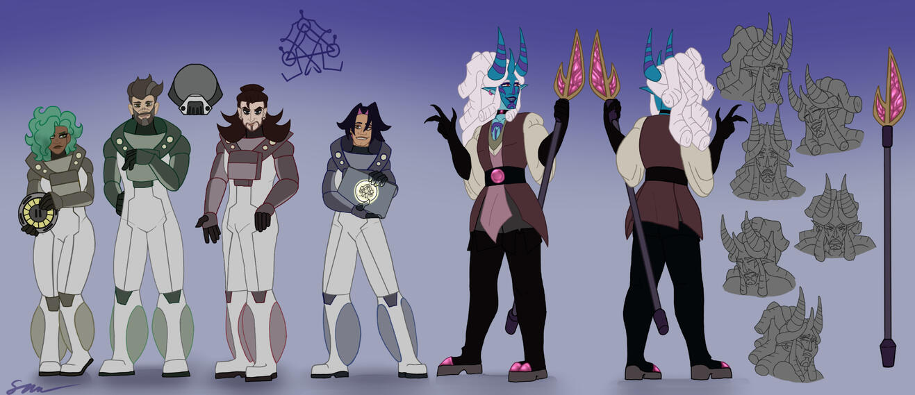 Lineup of Mission: HomeWorld protagonists (Left to Right; Sigga, Aleksei, Gavril, Dakila, and Savritha) featuring weapons, items, and expressions of Savritha